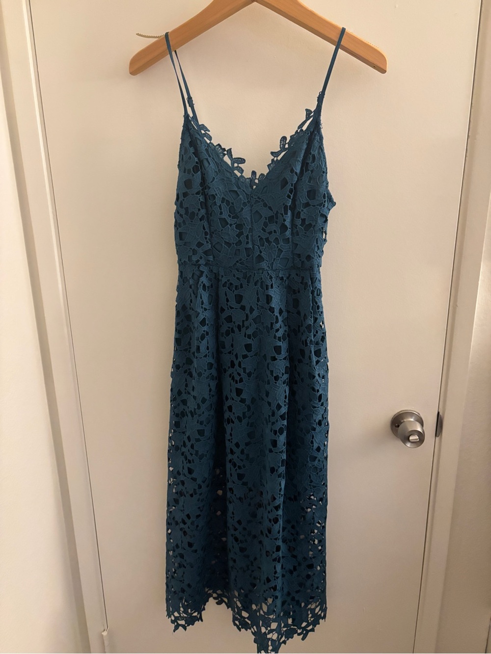 Astr Teal Lace Midi Dress with Spaghetti Straps